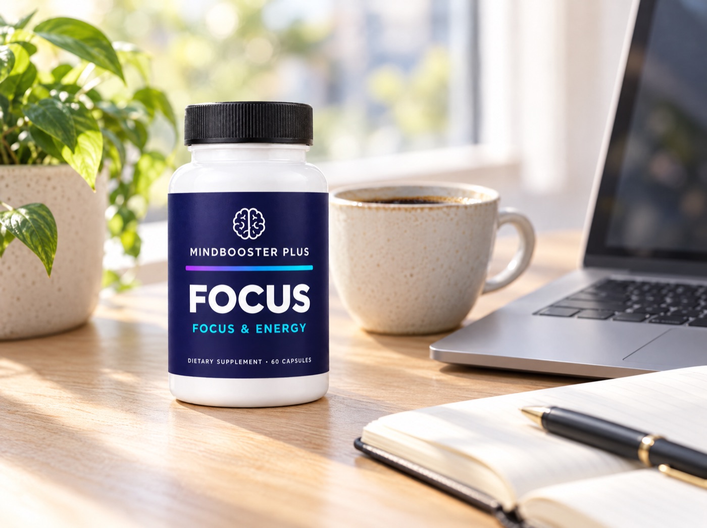 MindBooster Plus Focus bottle on a desk beside a laptop and coffee